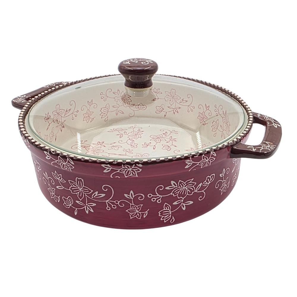 Temp-tations Floral Lace 2.0 QT Round‎ Baker with Glass Lid Cranberry Purple O1